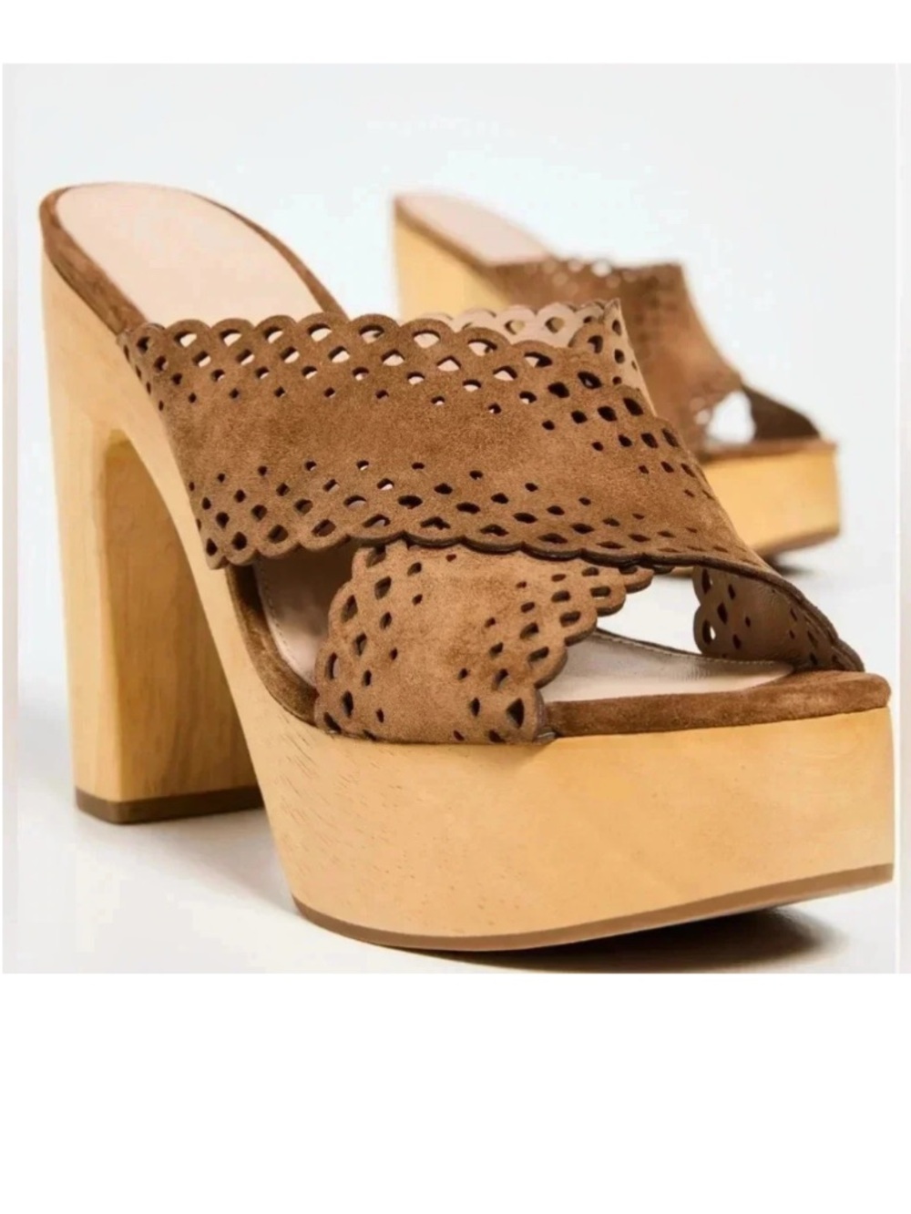 NWB Veronica Beard Gaynor Clogs Scalloped Leather Suede Cross Strap Chunky Heels